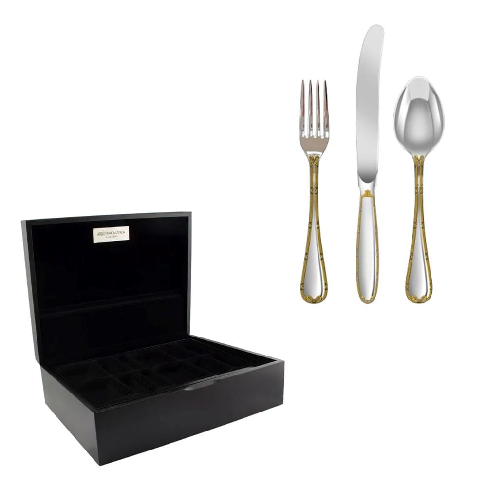 KIT FRACALANZA FAQUEIRO CROISE 130 PEÇAS 18/10 3,5MM COM FRISO DE OURO EM AÇO INOX E ESTOJO