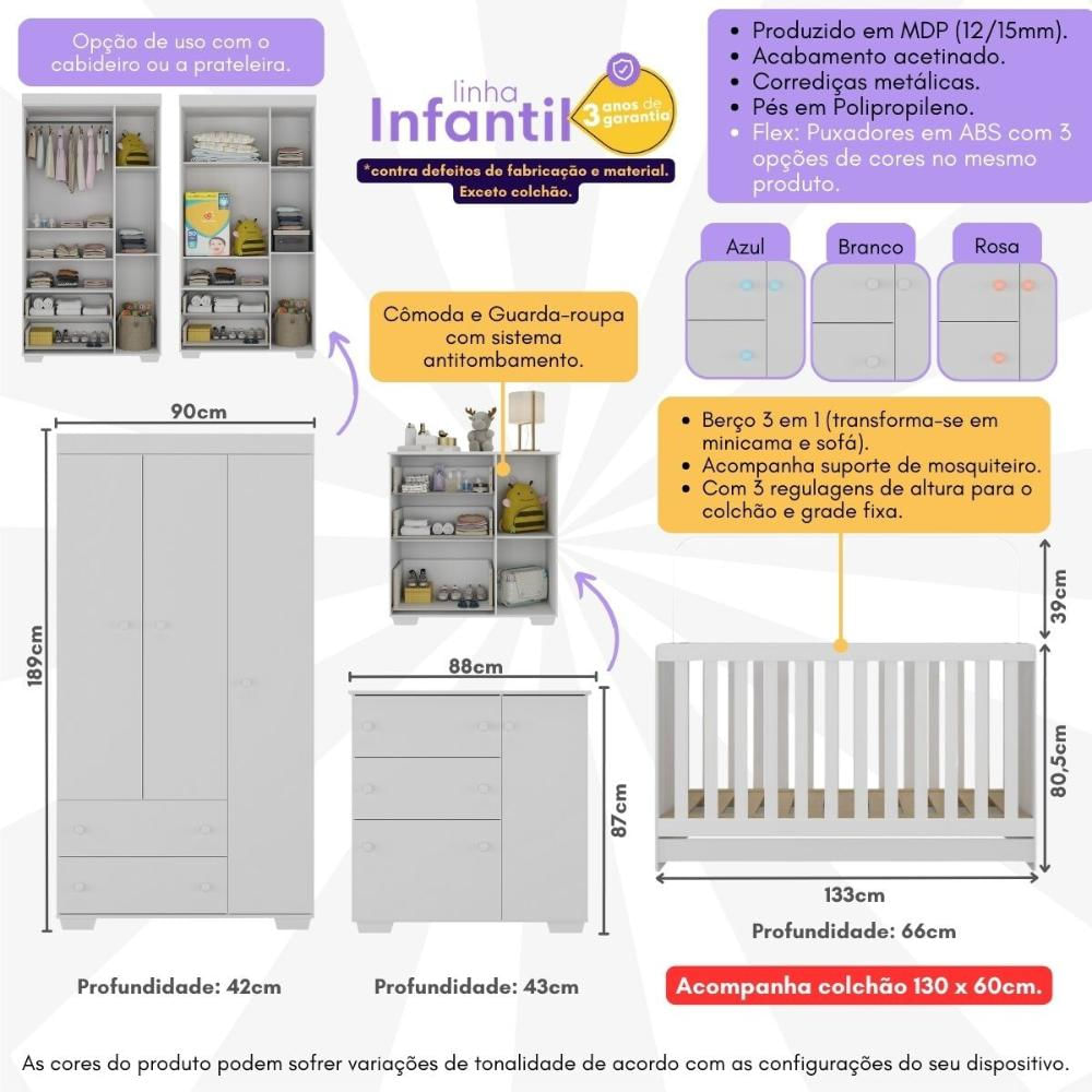 Quarto Infantil Completo com Colchão Incluso Algodão Doce Multimóveis MP4253 Branco