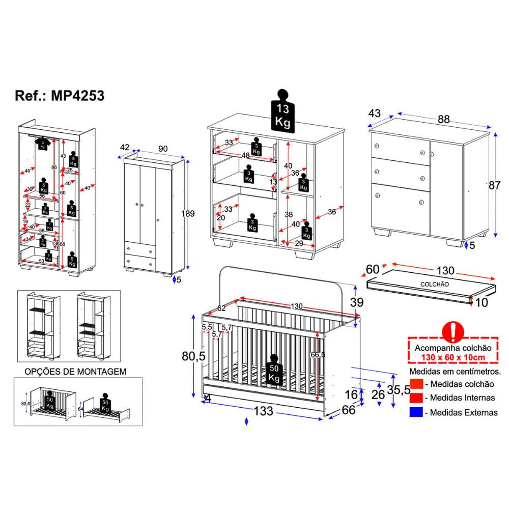 Quarto Infantil Completo com Colchão Incluso Algodão Doce Multimóveis MP4253 Branco