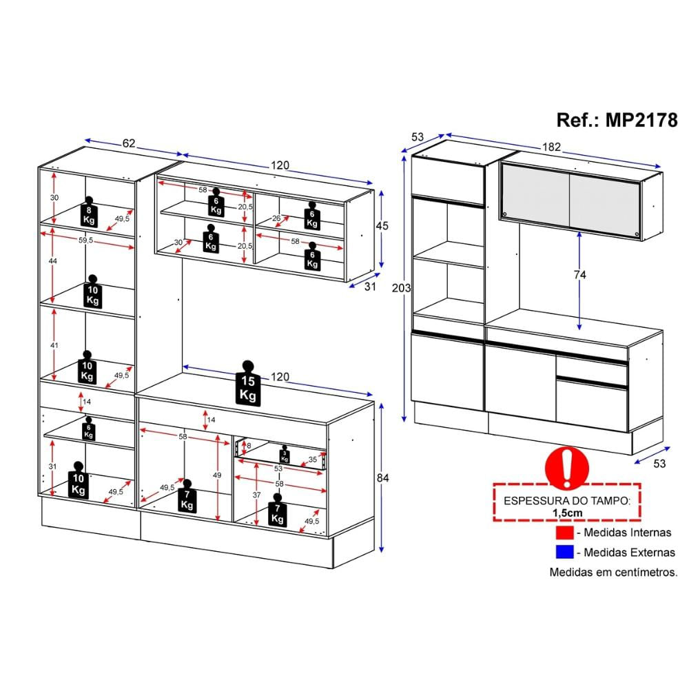 Armário de Cozinha Compacta 3 peças com Rodapé MP2178 Made Multimóveis Preto/Branco