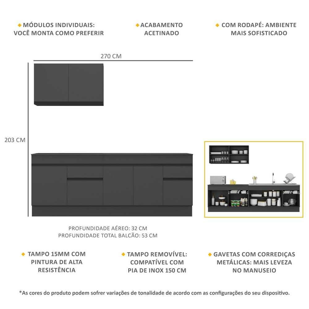 Armário de Cozinha Compacta 270cm com Rodapé Veneza Multimóveis V2111 Preto