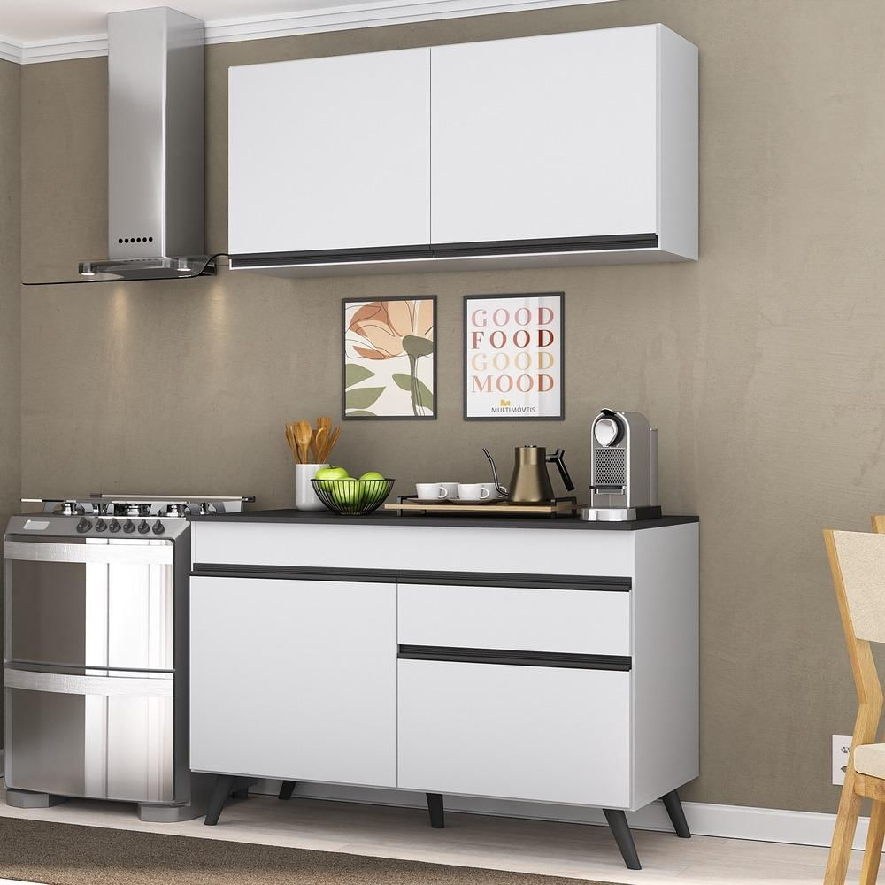 Armário de Cozinha Compacta 120cm Veneza Multimóveis V3687 BRANCO E PRETO