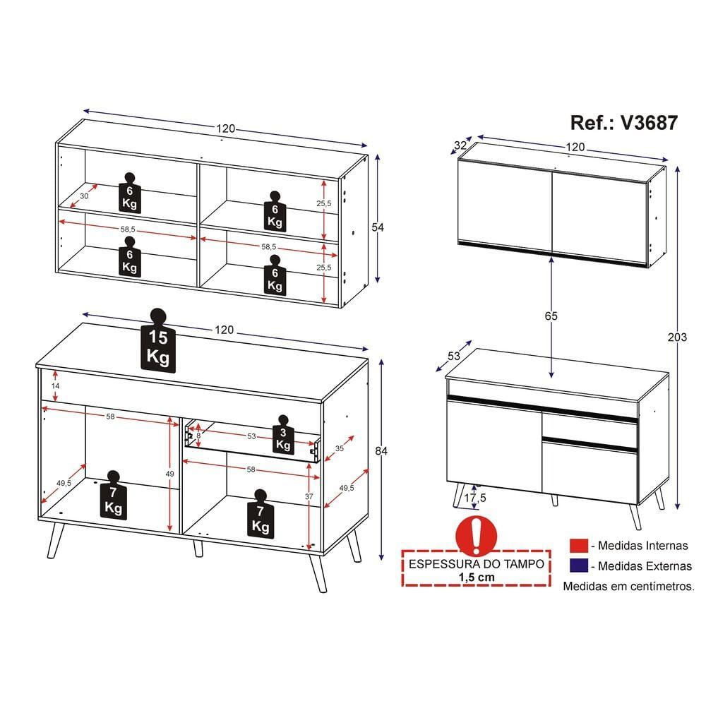 Armário de Cozinha Compacta 120cm Veneza Multimóveis V3687 BRANCO E PRETO