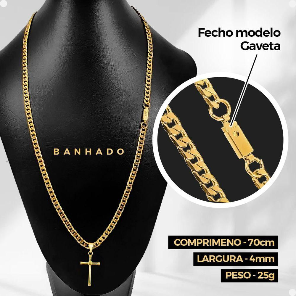 Pingente Cruz + Pulseira Grumet + Corrente Banhada Aço Inox Estiloso Moda Masculina Social Religioso