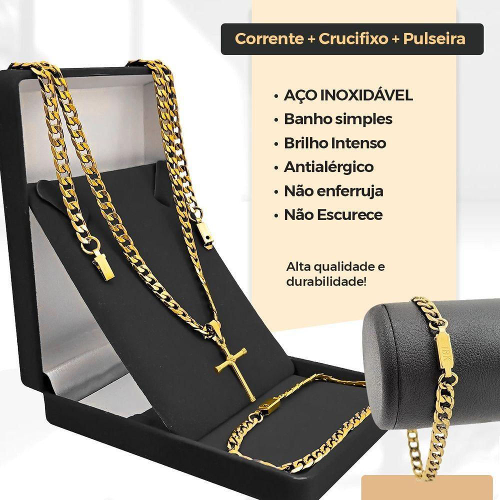 Pingente Cruz + Pulseira Grumet + Corrente Banhada Aço Inox Estiloso Moda Masculina Social Religioso