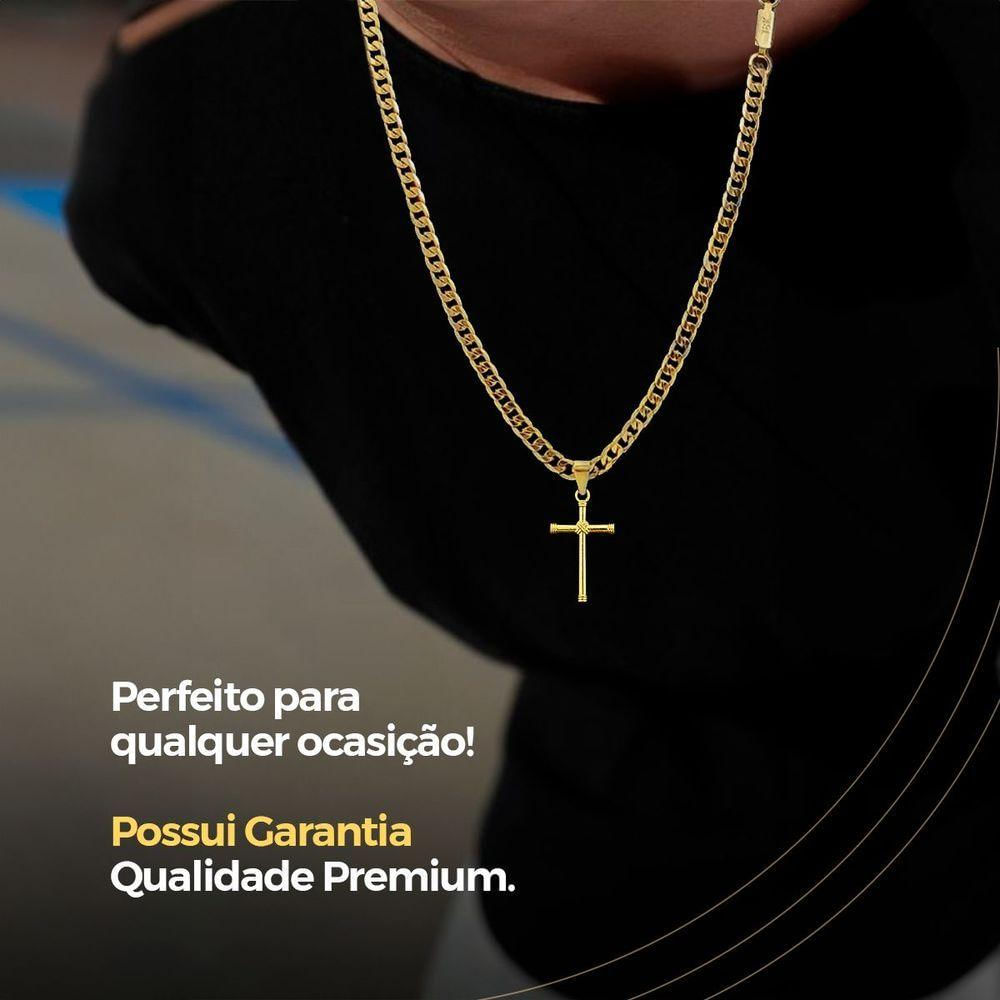 Pingente Cruz + Pulseira Grumet + Corrente Banhada Aço Inox Estiloso Moda Masculina Social Religioso