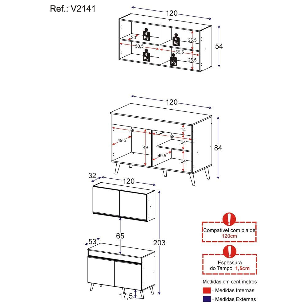 Armário de Cozinha Compacta 120cm Veneza Multimóveis V2141 Branco