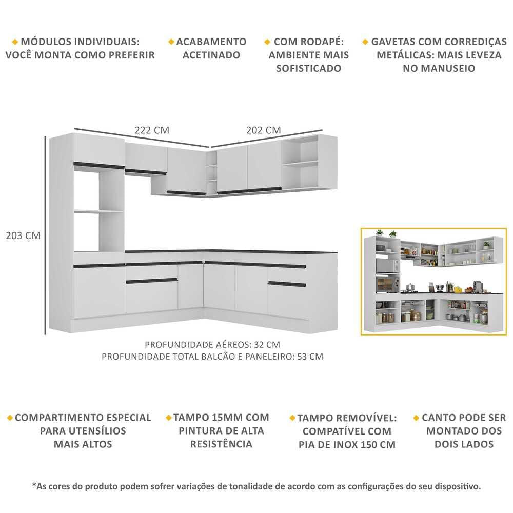 Armário de Cozinha Completa de Canto com Rodapé Veneza Multimóveis V2080 BRANCO E PRETO