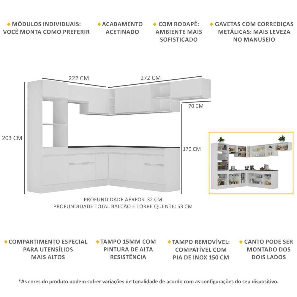 Armário de Cozinha Completa de Canto com Rodapé Veneza Multimóveis V2083 Branco