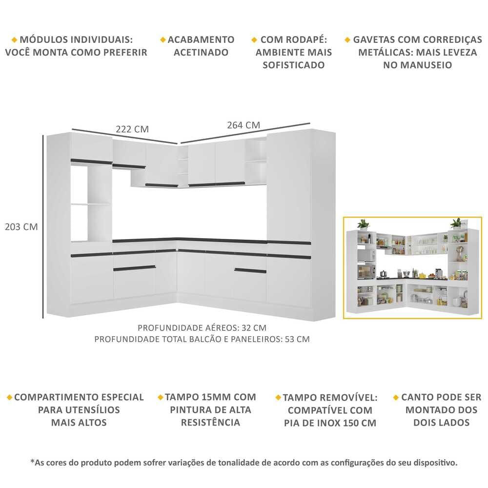 Armário de Cozinha Completa de Canto com Rodapé Veneza Multimóveis V2081 BRANCO E PRETO