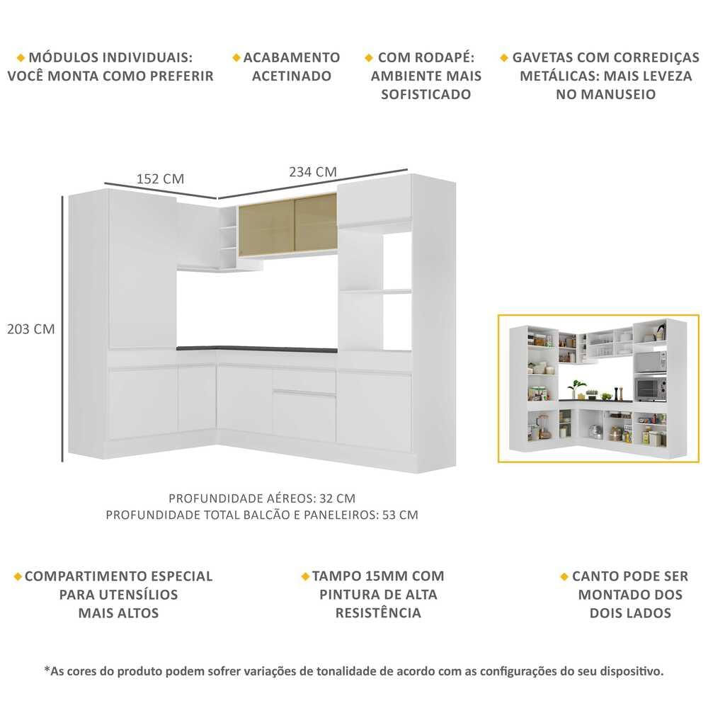 Armário de Cozinha Completa de Canto com Rodapé Veneza Multimóveis V2084 Branco