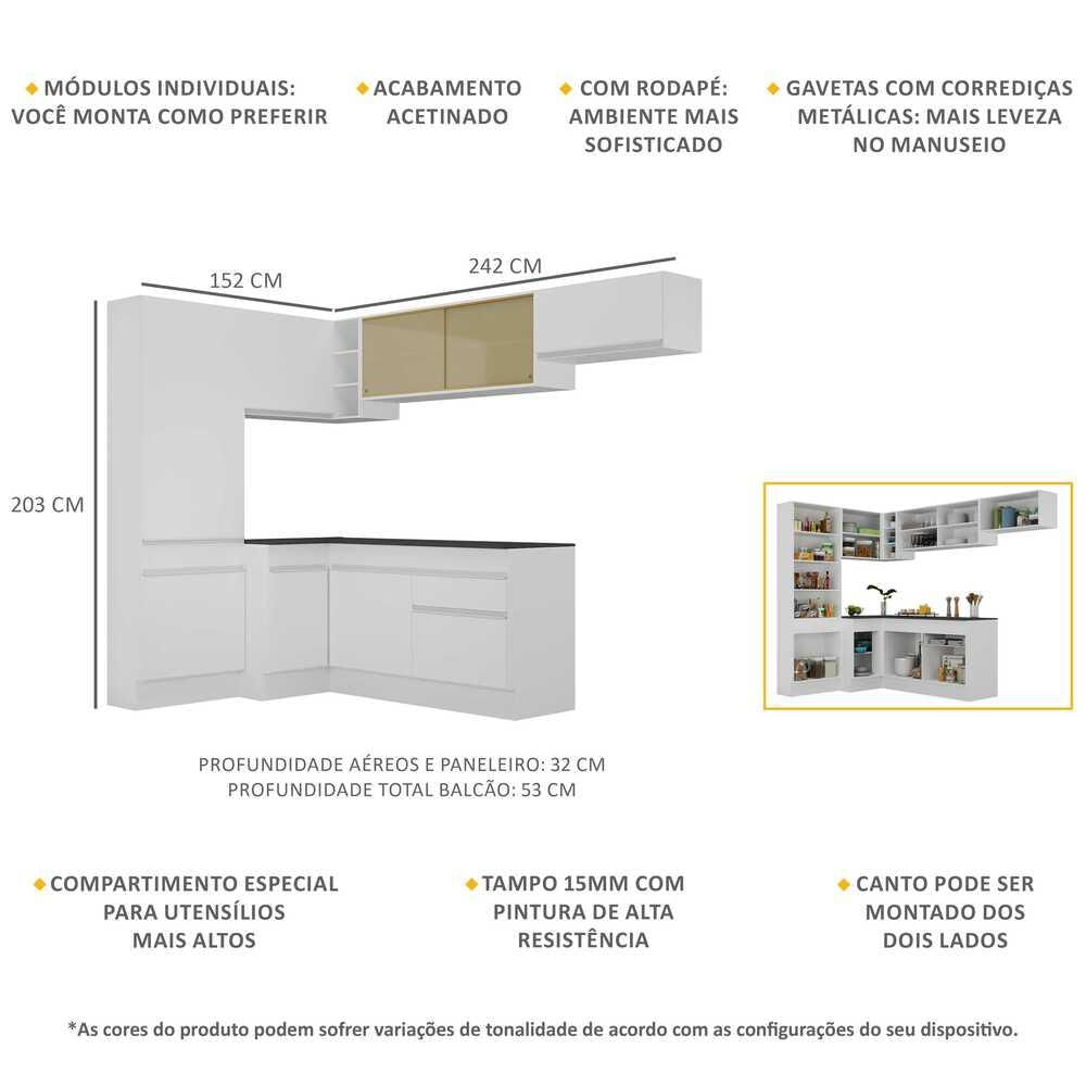 Armário de Cozinha Completa de Canto com Rodapé Veneza Multimóveis V2087 Branco