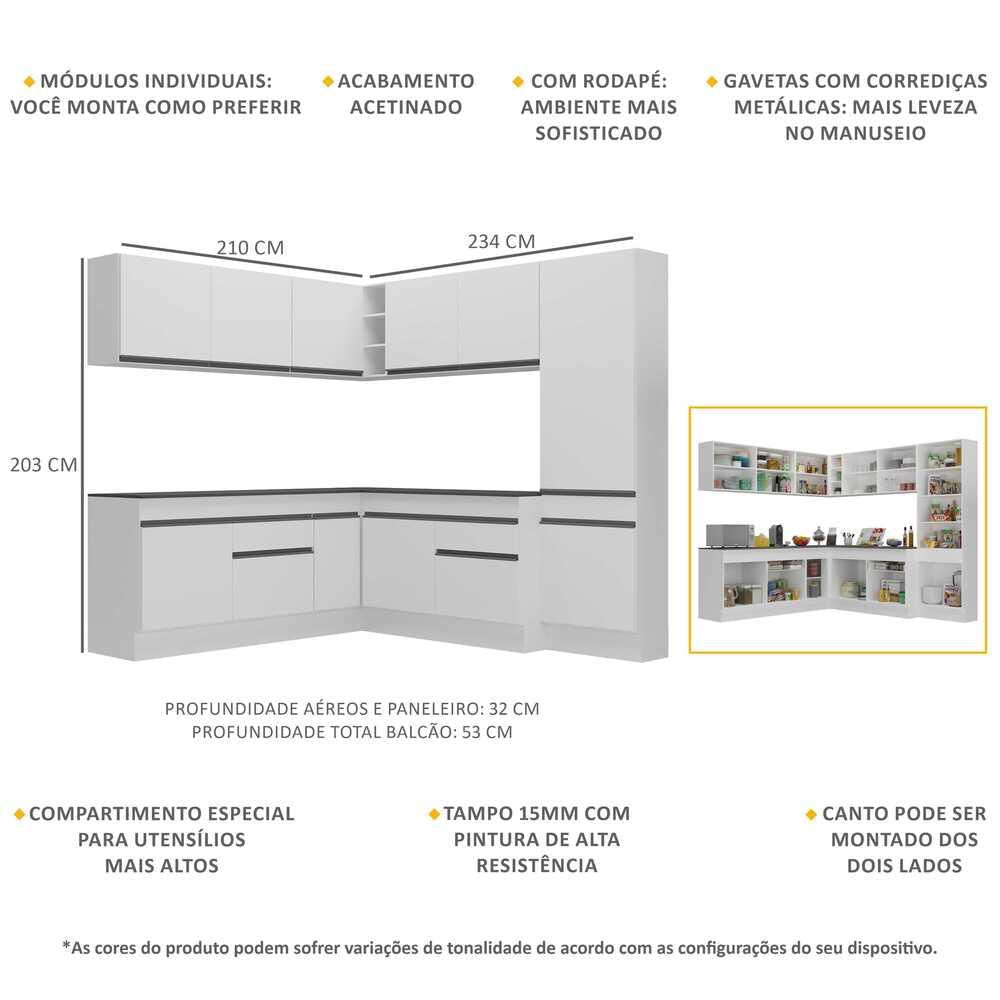 Armário de Cozinha Completa de Canto com Rodapé Veneza Multimóveis V2102 BRANCO E PRETO