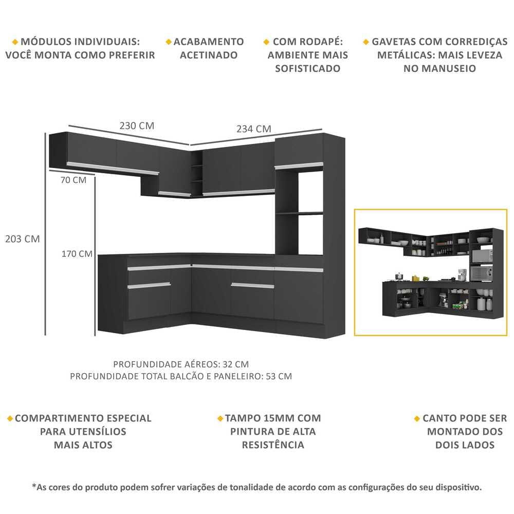 Armário de Cozinha Completa de Canto com Rodapé Veneza Multimóveis V2105 Preto/Branco