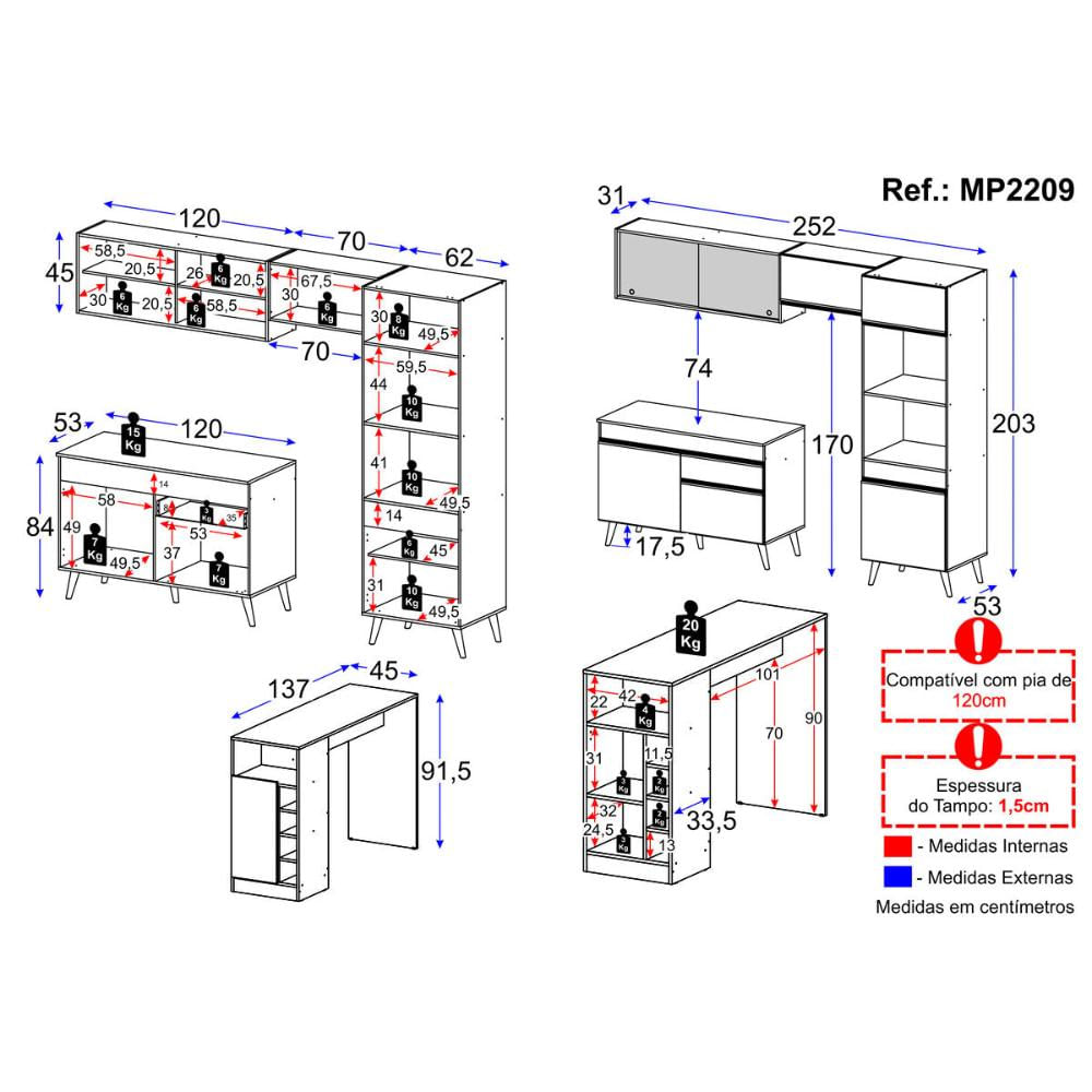 Armário de Cozinha Modulado com Bancada Americana Multimóveis MP2209 BRANCO E PRETO