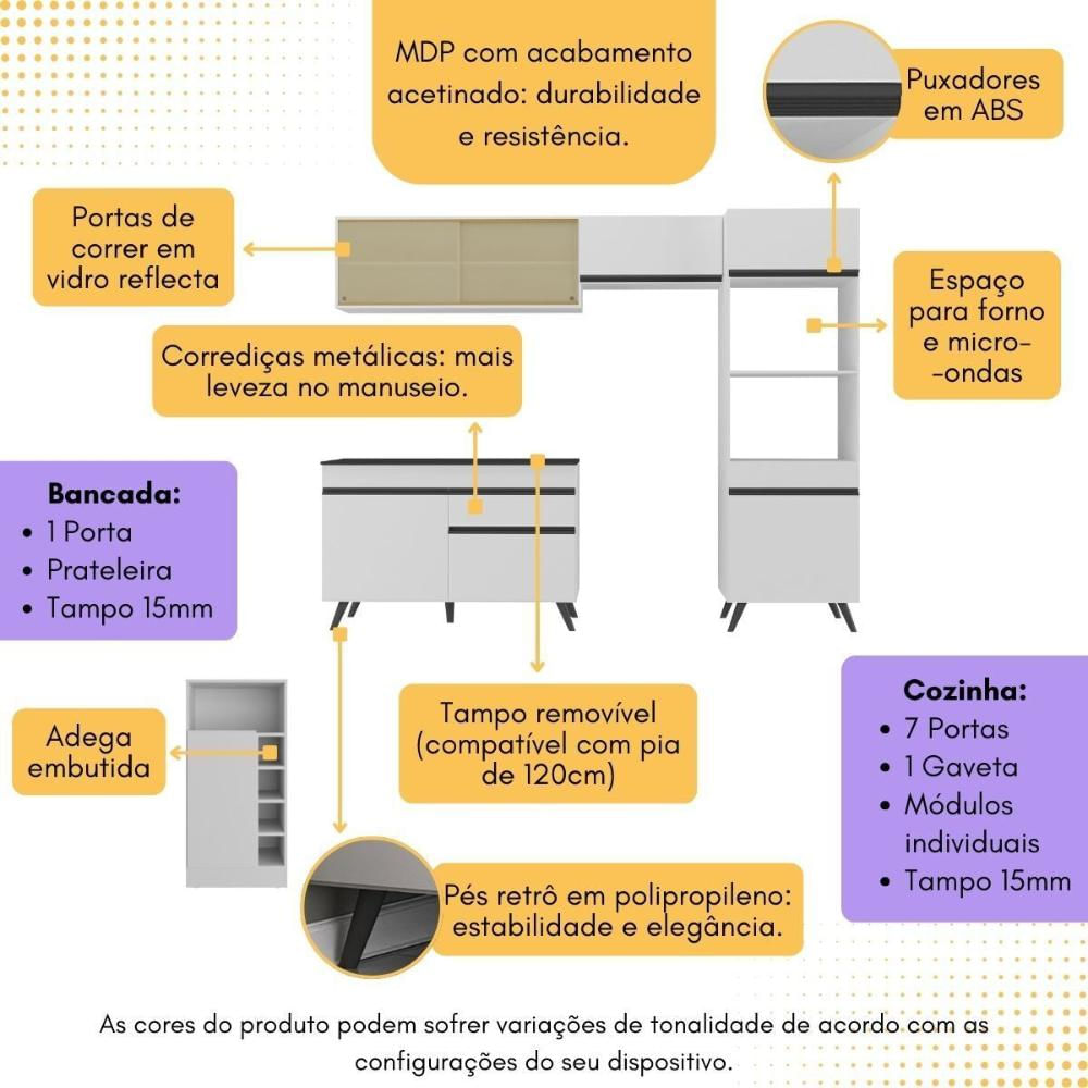 Armário de Cozinha Modulado com Bancada Americana Multimóveis MP2209 BRANCO E PRETO