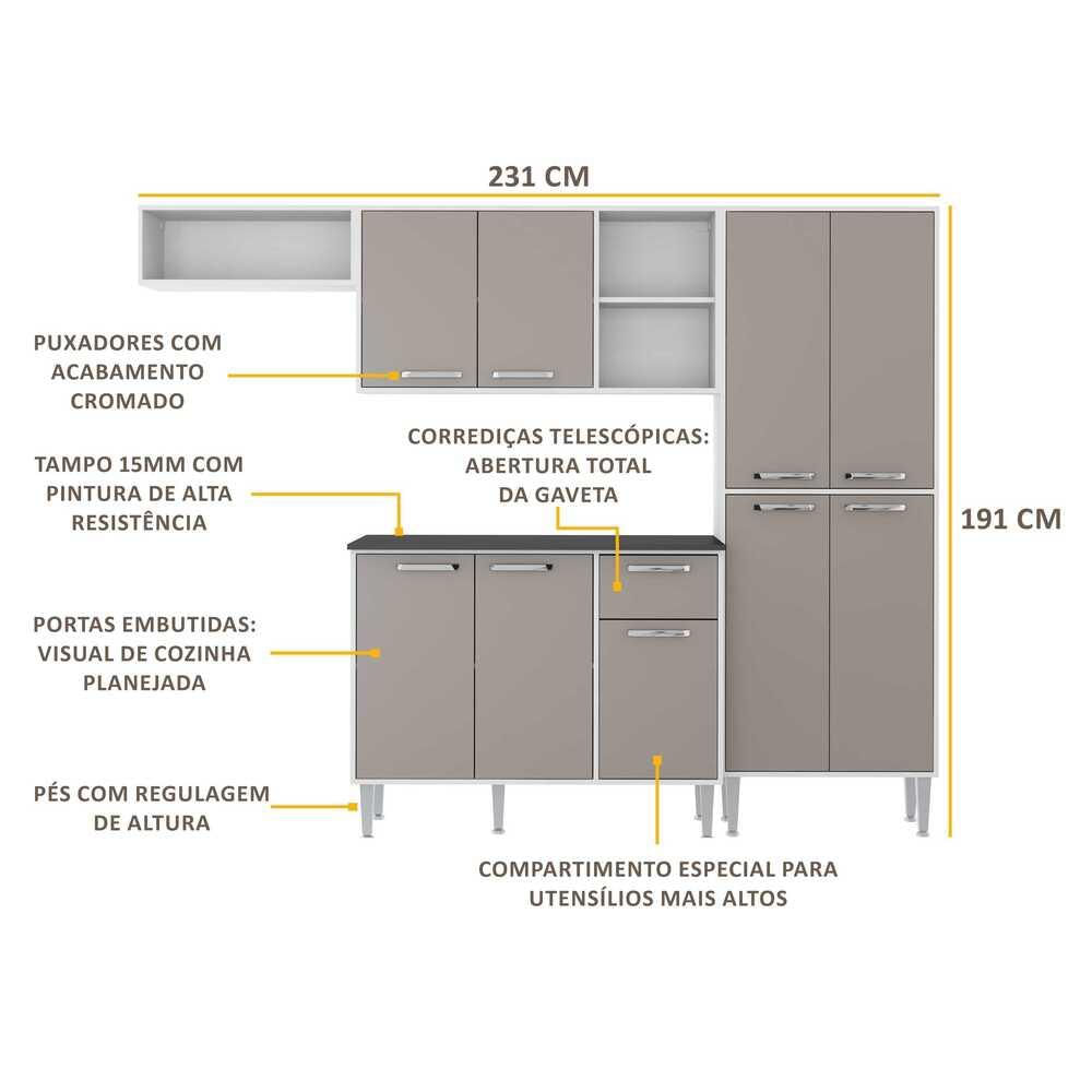 Armário de Cozinha Compacta com Tampo Coimbra Multimóveis Branco/Lacca Fumê