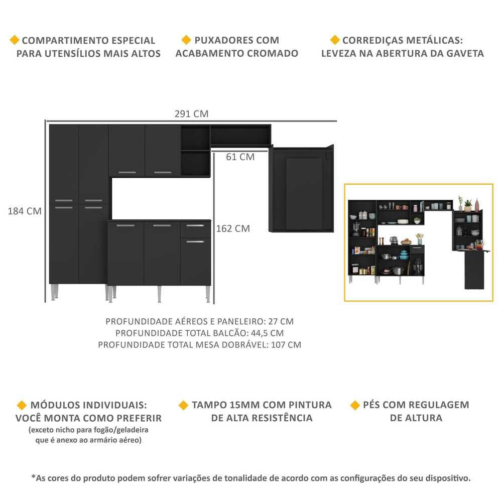 Armário de Cozinha Completa com Mesa Dobrável Paris Multimóveis MP2042 Preta