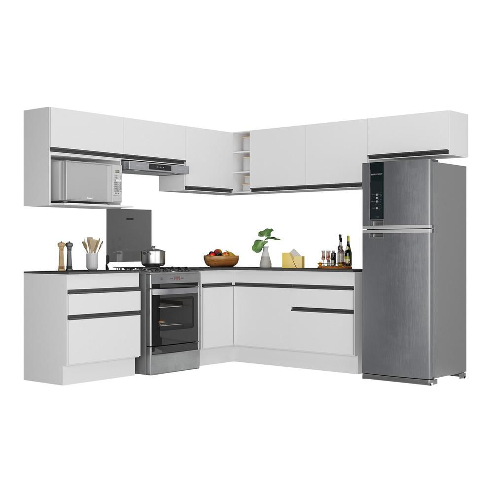 Armário de Cozinha Completa de Canto com Rodapé Veneza Multimóveis MP2106.964 Branco/Preto