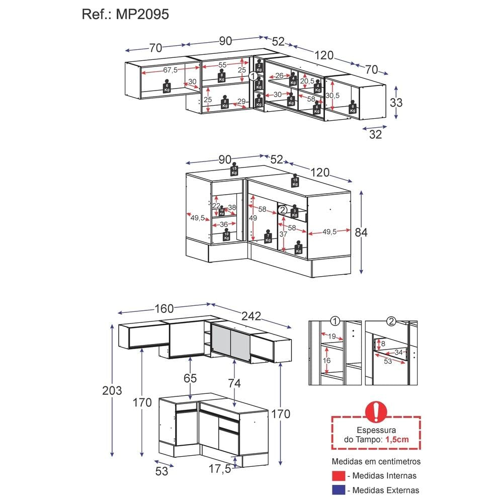 Armário de Cozinha Completa de Canto com Rodapé Veneza Multimóveis MP2095.964 Branco/Preto