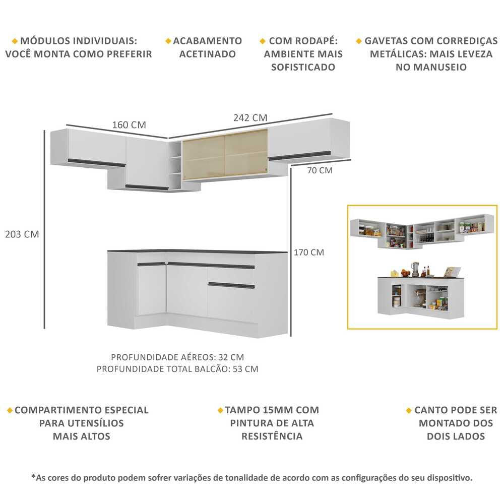 Armário de Cozinha Completa de Canto com Rodapé Veneza Multimóveis MP2095.964 Branco/Preto