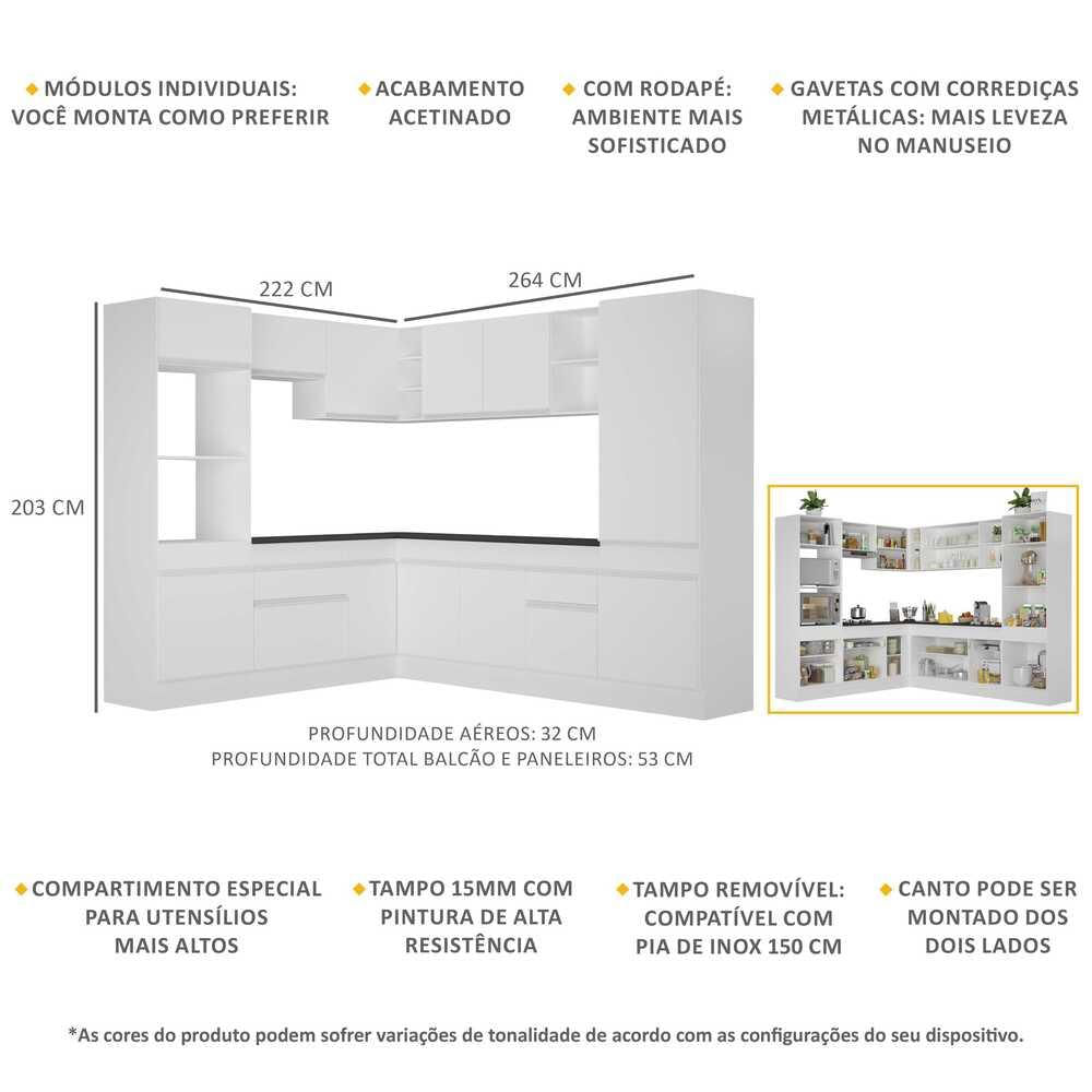 Armário de Cozinha Completa de Canto com Rodapé Veneza Multimóveis MP2081.891 Branco