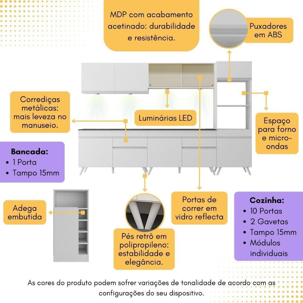 Armário de Cozinha Completa com Bancada Americana Veneza Multimóveis MP2199 Branco