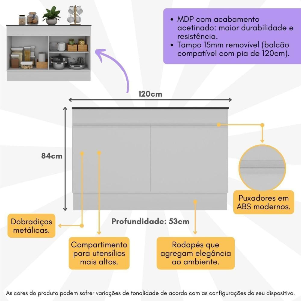 Balcão Cozinha Gabinete Pia 120cm 2 Portas com Rodapé Veneza Multimóveis MP2239 Branco