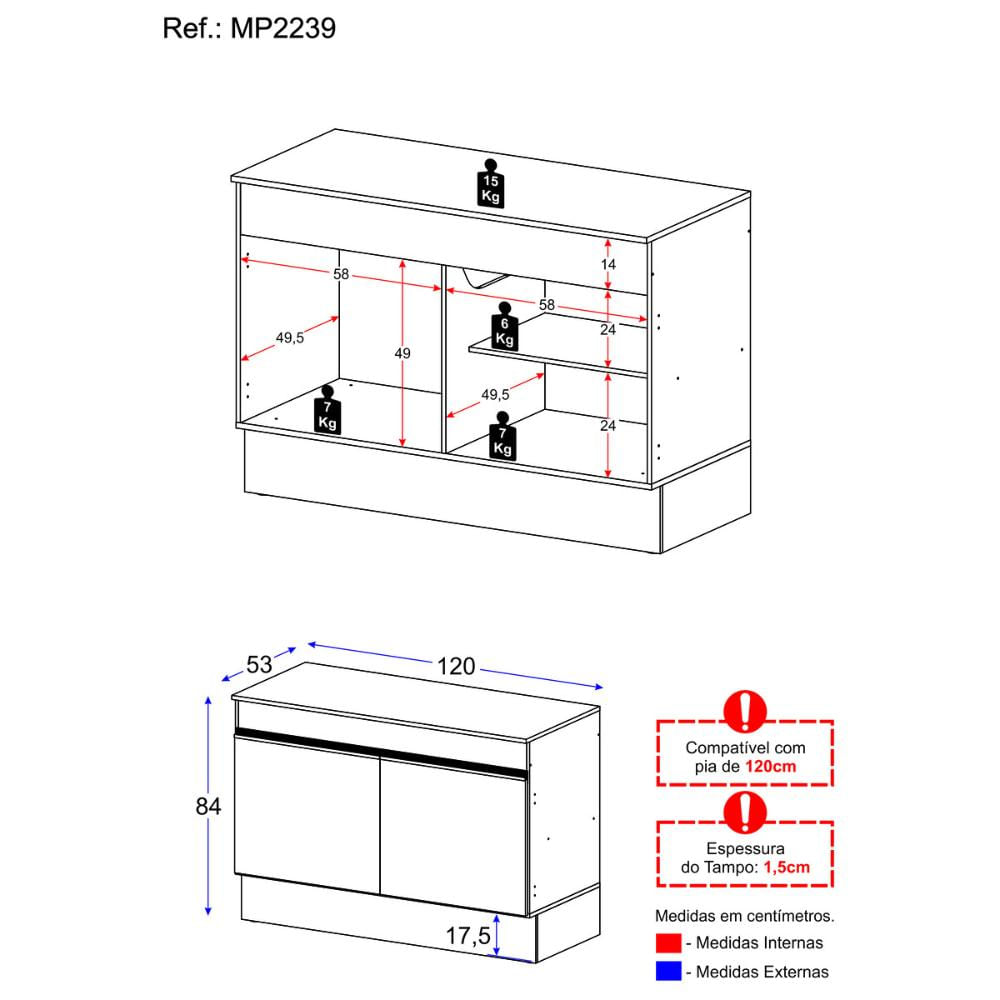 Balcão Cozinha Gabinete Pia 120cm 2 Portas com Rodapé Veneza Multimóveis MP2239 Branco