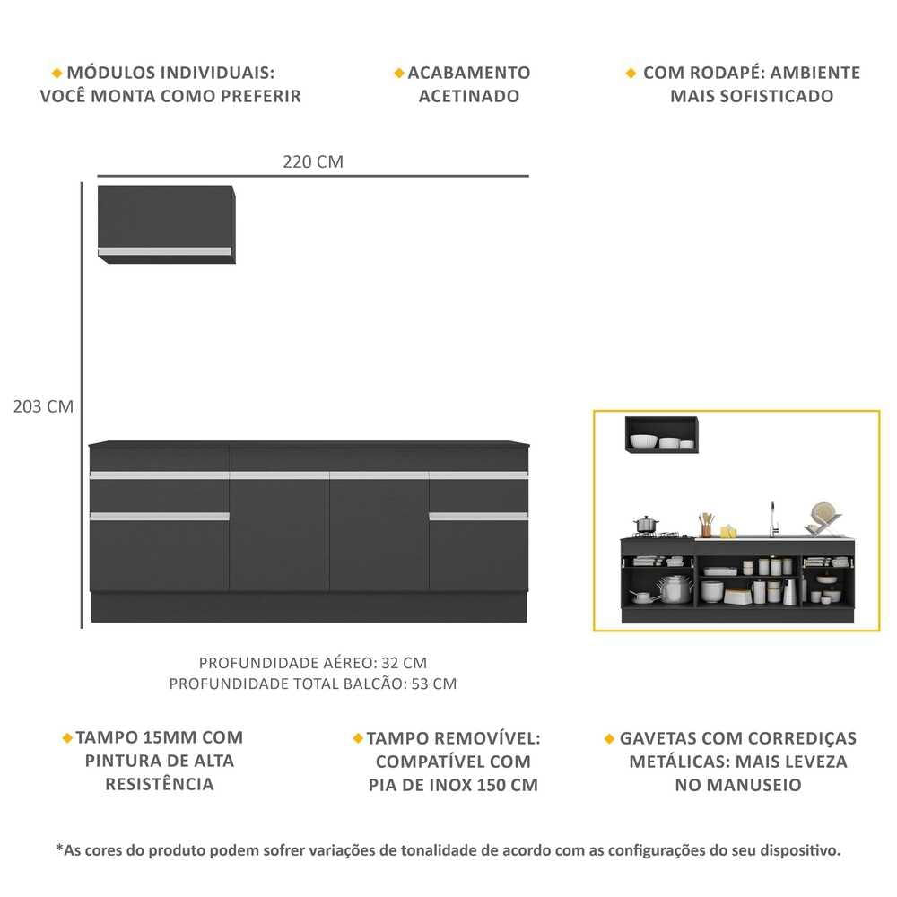 Armário de Cozinha Compacta com Rodapé Veneza Multimóveis MP2109.898 Preto/Branco