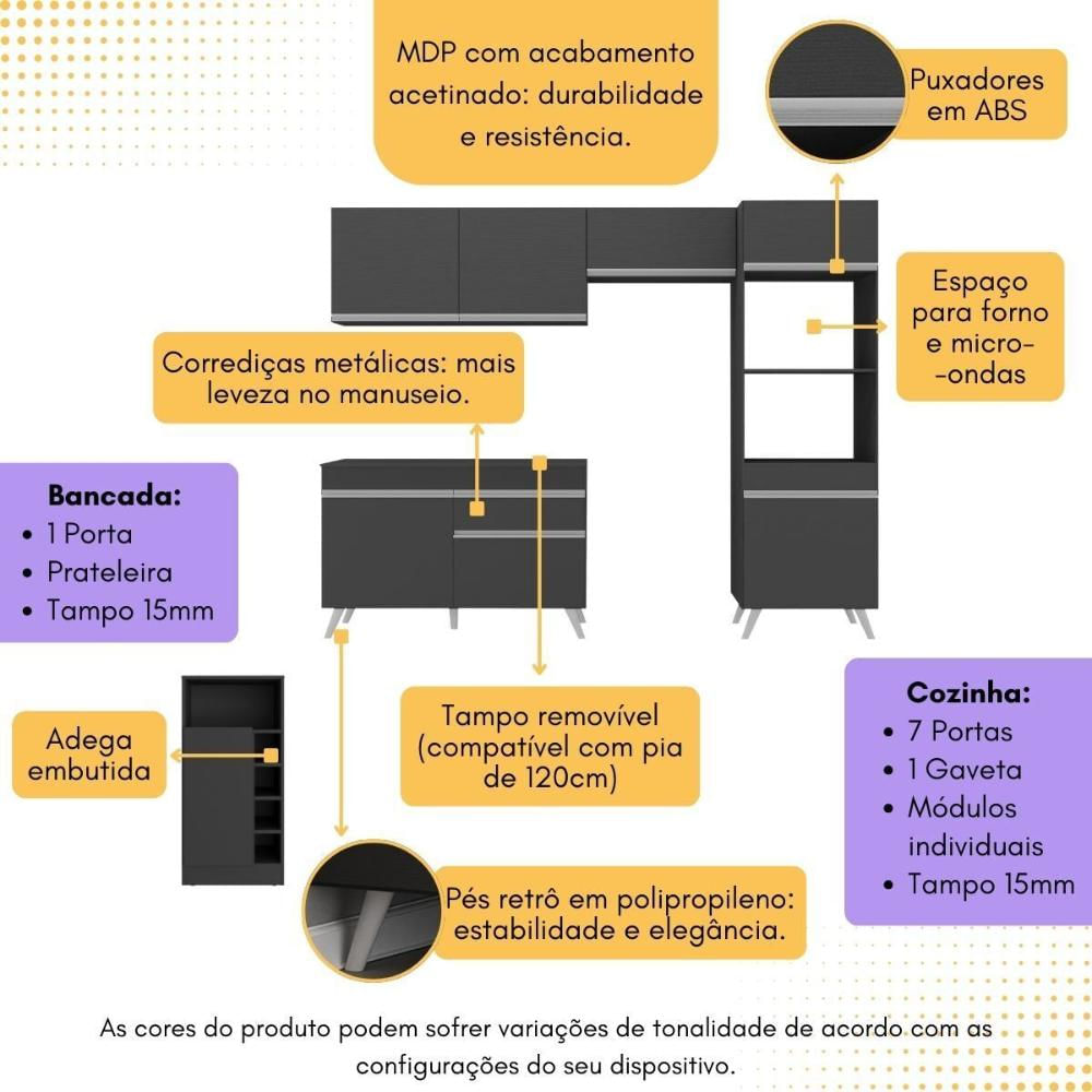 Armário de Cozinha Compacta com Mesa/Bancada Veneza Multimóveis MP2210 Preto/Branco