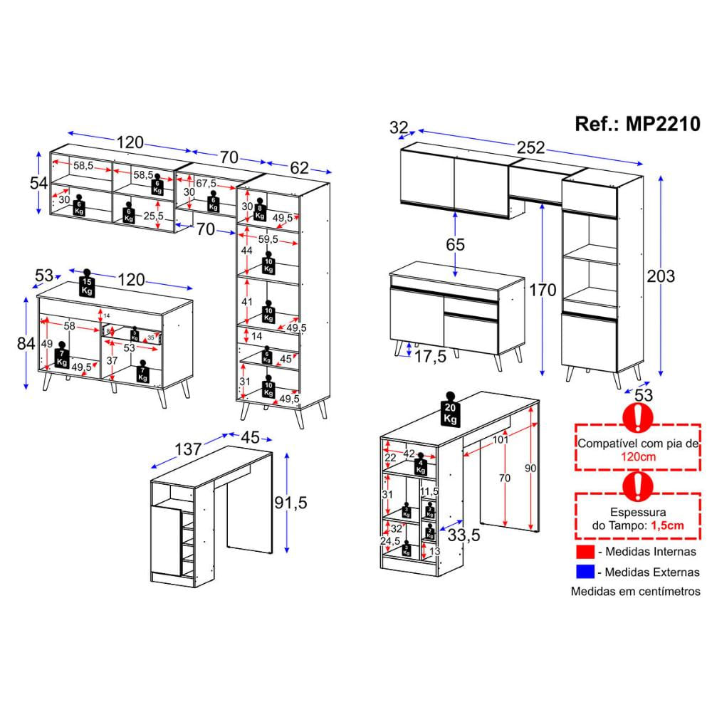 Armário de Cozinha Compacta com Mesa/Bancada Veneza Multimóveis MP2210 Preto/Branco