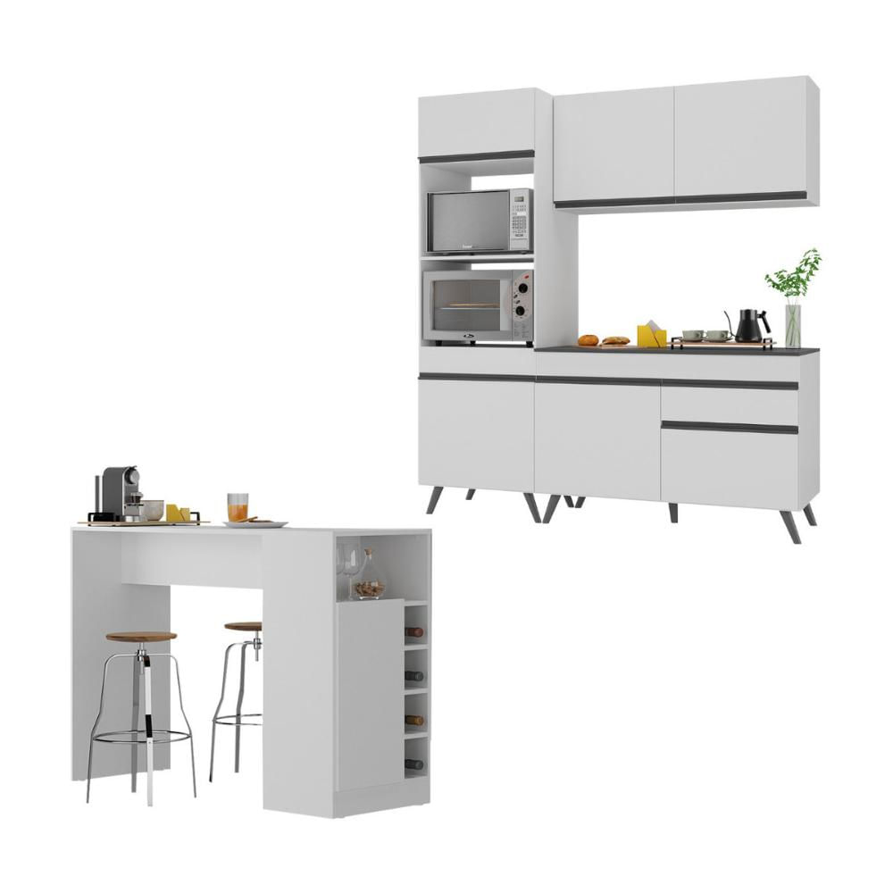 Cozinha Compacta com Bancada Americana/Mesa Veneza Multimóveis MP2211 BRANCO E PRETO