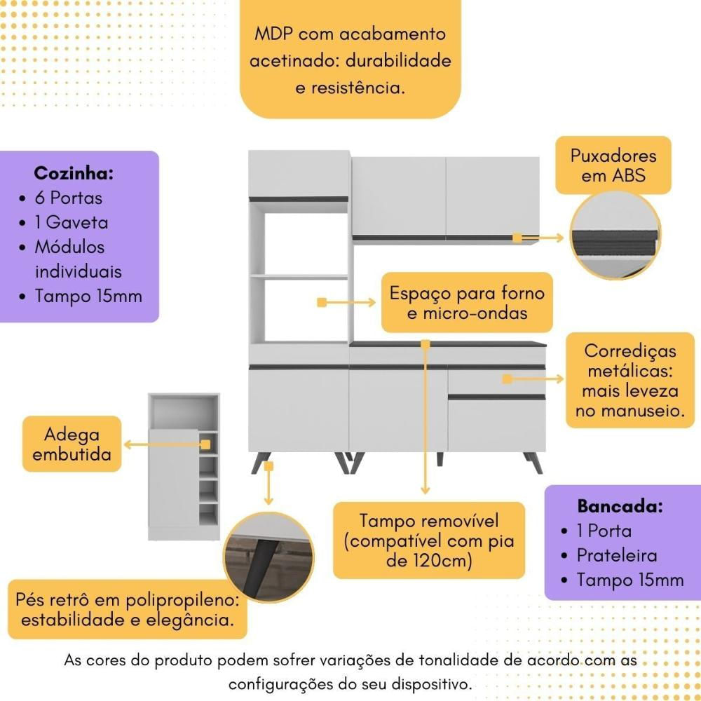 Cozinha Compacta com Bancada Americana/Mesa Veneza Multimóveis MP2211 BRANCO E PRETO