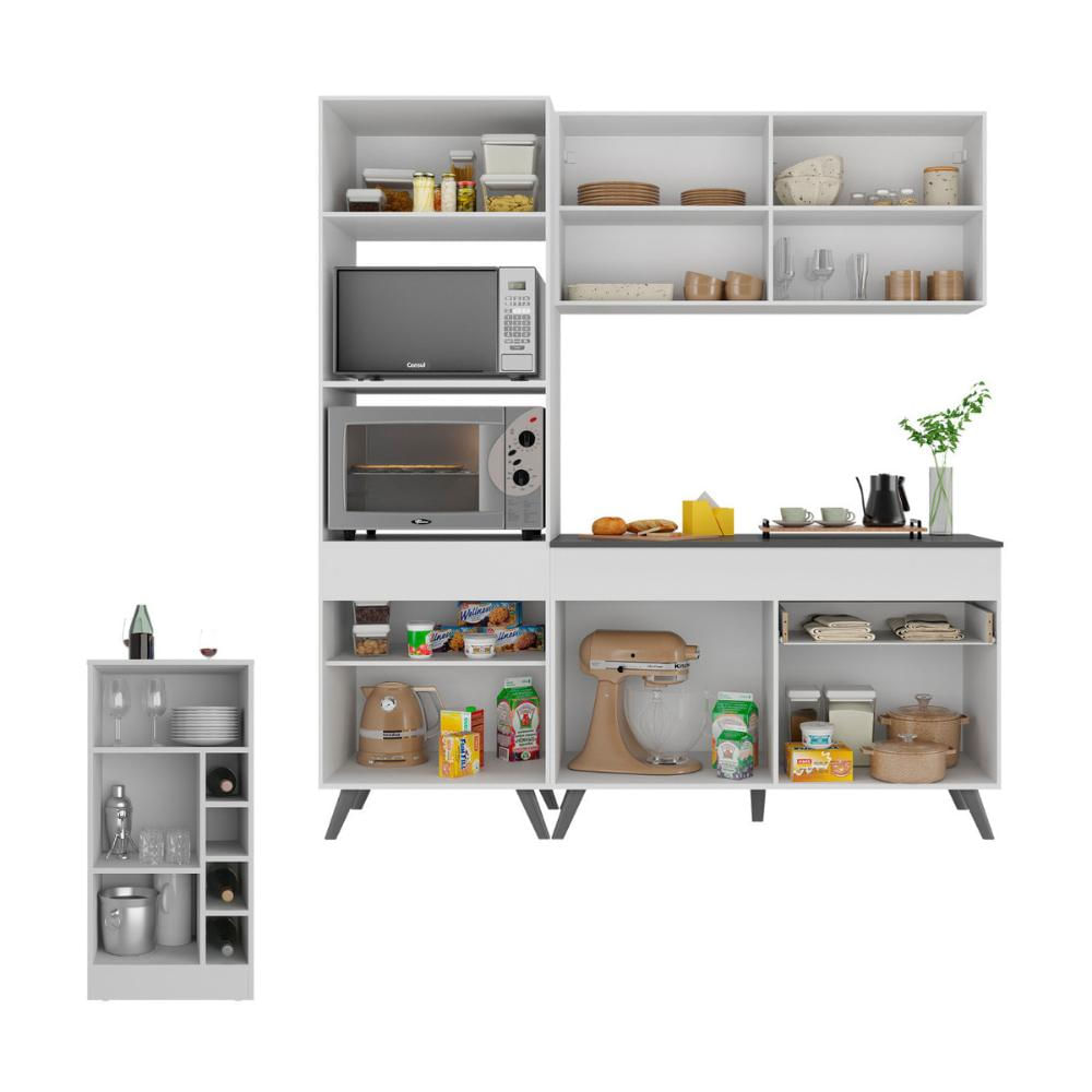 Cozinha Compacta com Bancada Americana/Mesa Veneza Multimóveis MP2211 BRANCO E PRETO