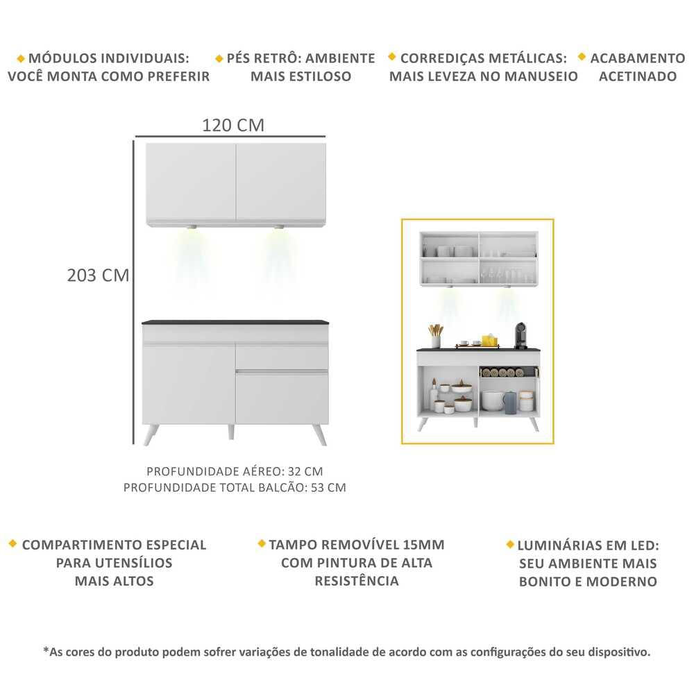 Armário de Cozinha Compacta 120cm com Leds Veneza Up Multimóveis V2012 Branco