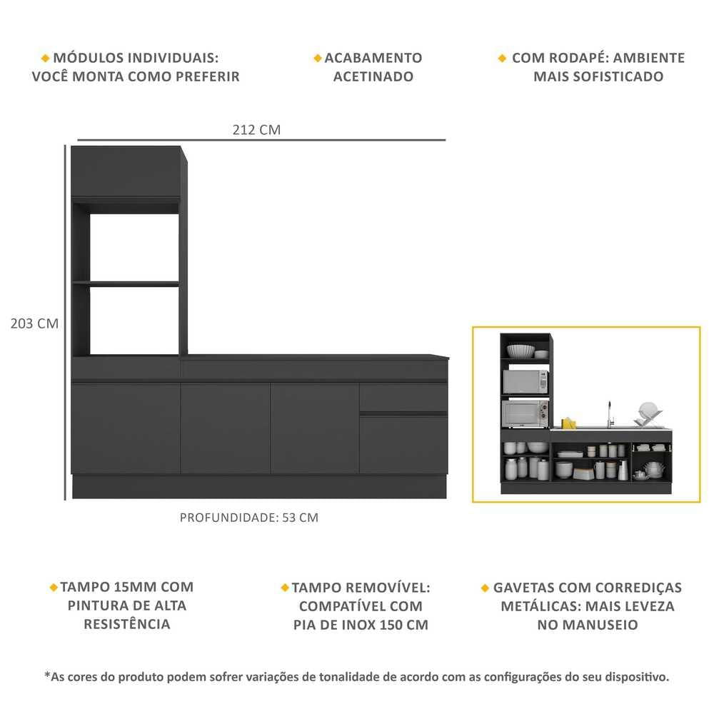 Armário de Cozinha Compacta 212cm com Rodapé Veneza Multimóveis V2113 Preto