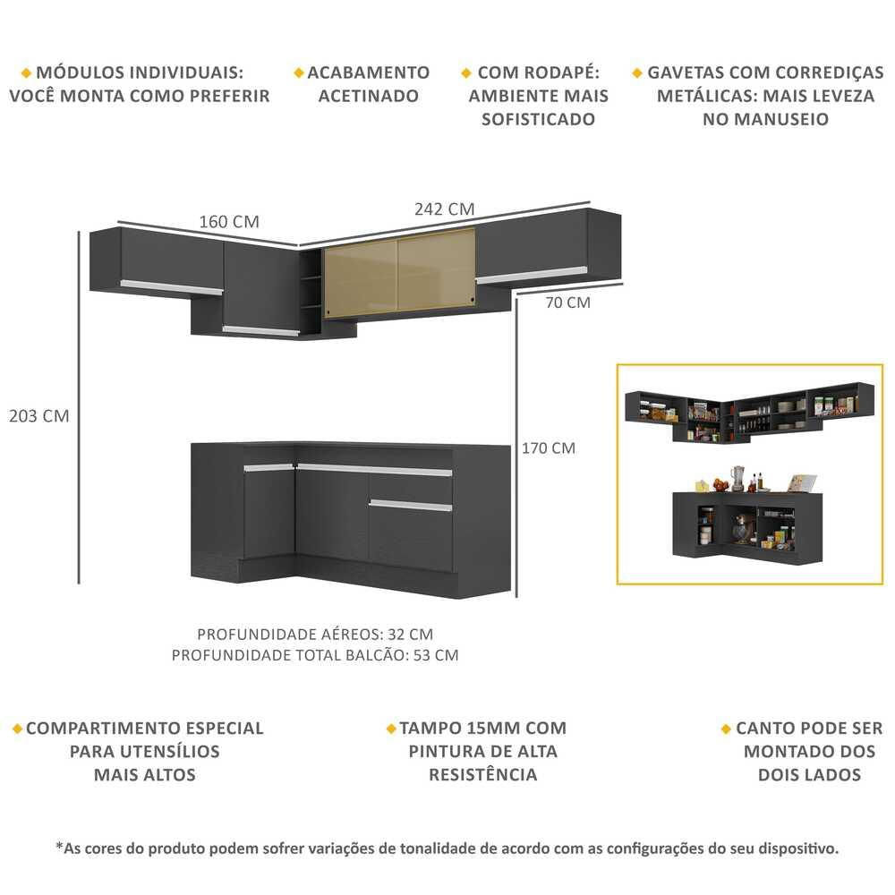 Armário de Cozinha Completa de Canto com Rodapé Veneza Multimóveis V2095 Preto/Branco