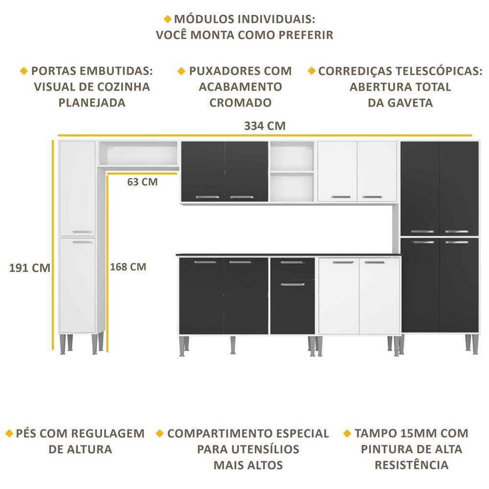 Armário de Cozinha Compacta Xangai Blues Multimóveis BRANCO E PRETO