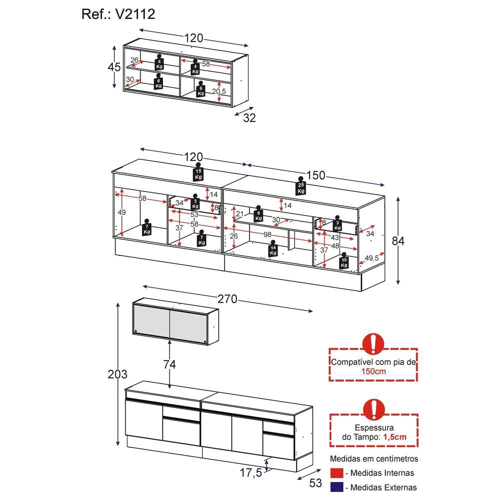 Armário de Cozinha Compacta 270cm com Rodapé Veneza Multimóveis V2112 BRANCO E PRETO