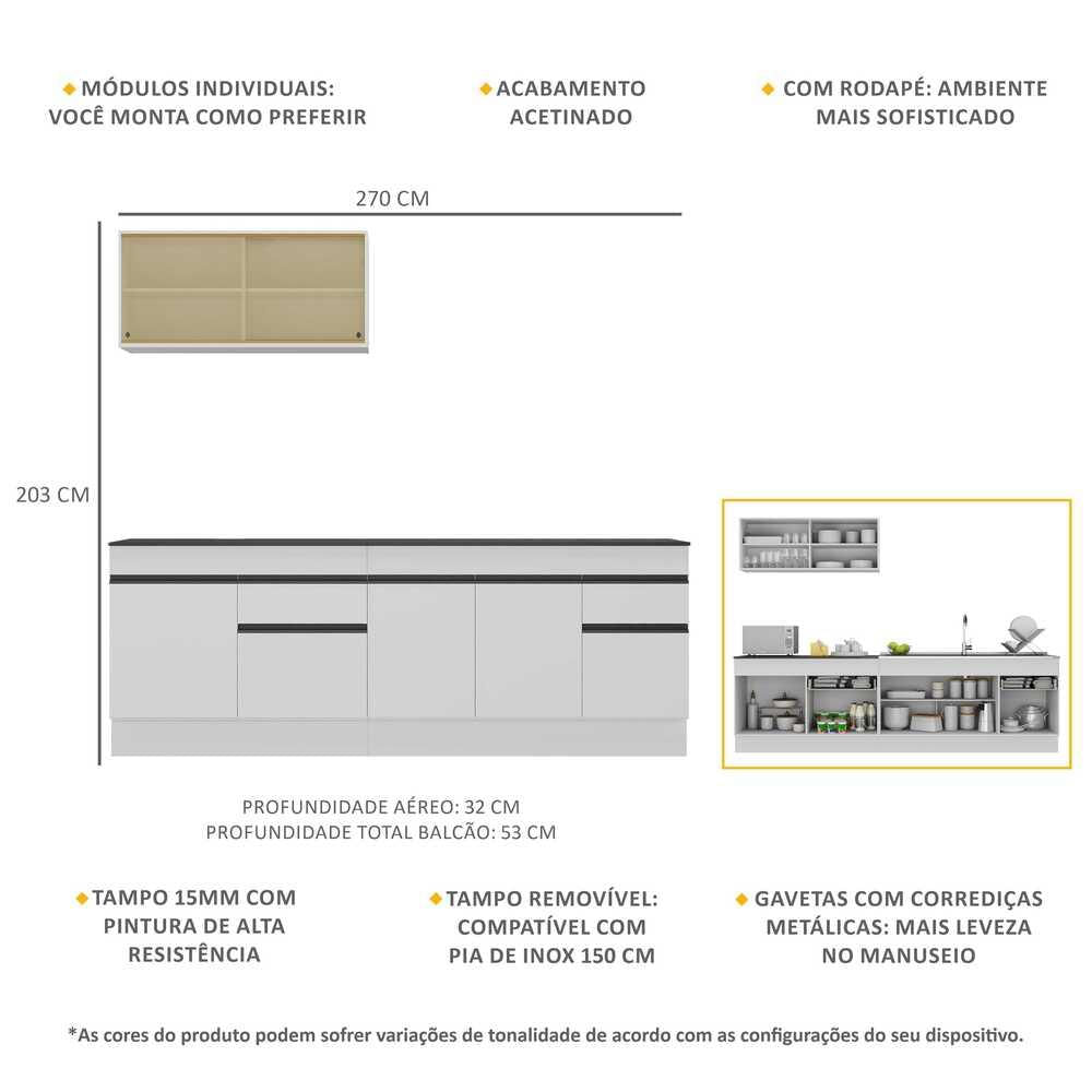 Armário de Cozinha Compacta 270cm com Rodapé Veneza Multimóveis V2112 BRANCO E PRETO