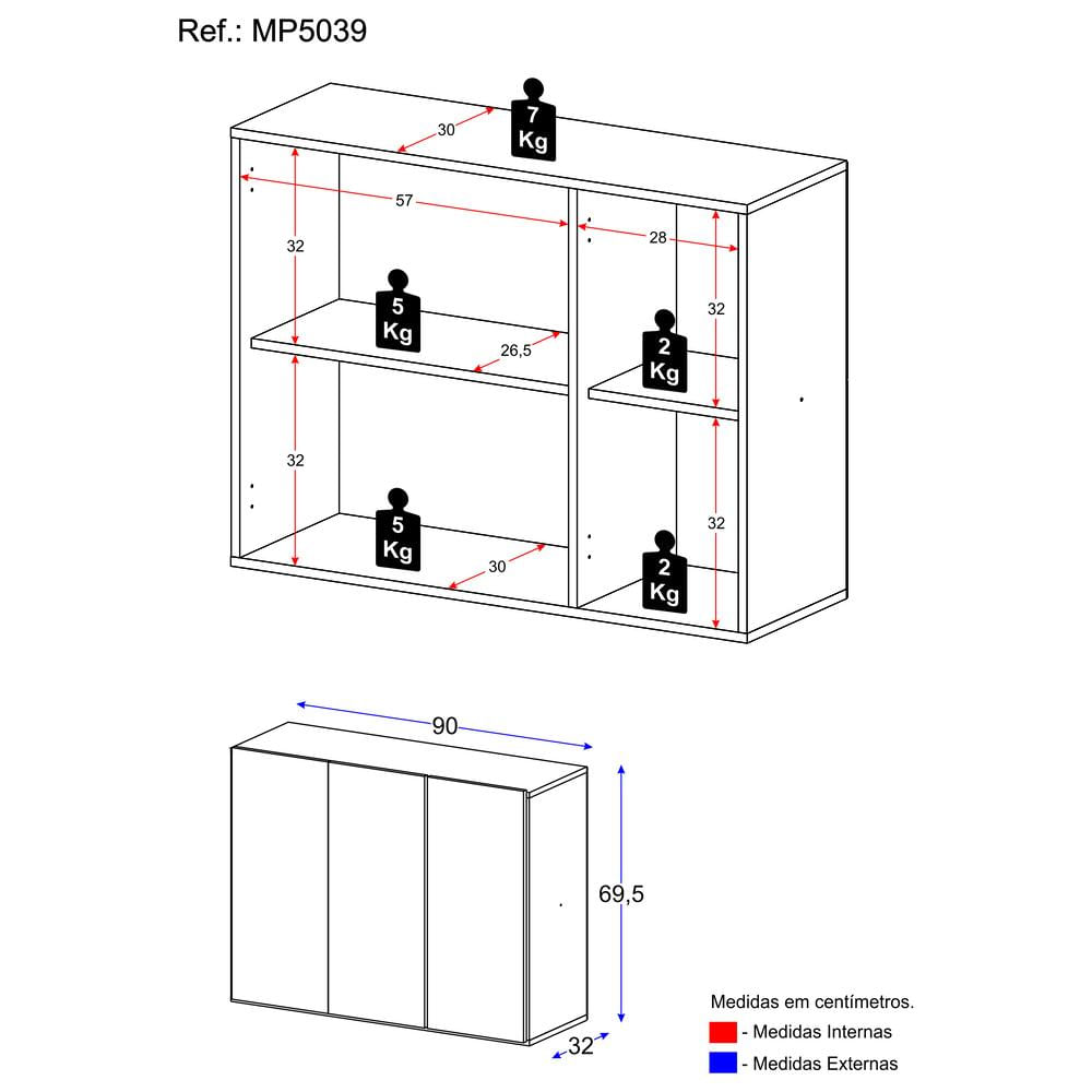 Balcão Multiuso Organizador para Banheiro 3 Portas 90cm Multimóveis MP5039 Preto