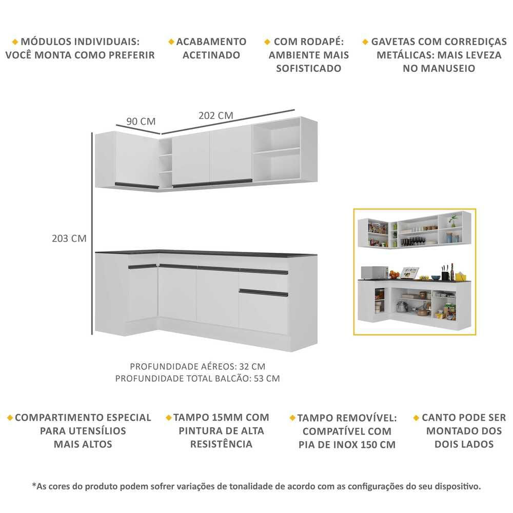 Armário de Cozinha Compacta de Canto com Rodapé Veneza Multimóveis V2093 BRANCO E PRETO