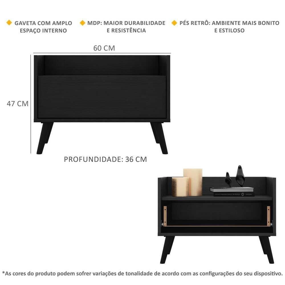 Mesa de Cabeceira 60cm Retrô Multimóveis V3627 Preto