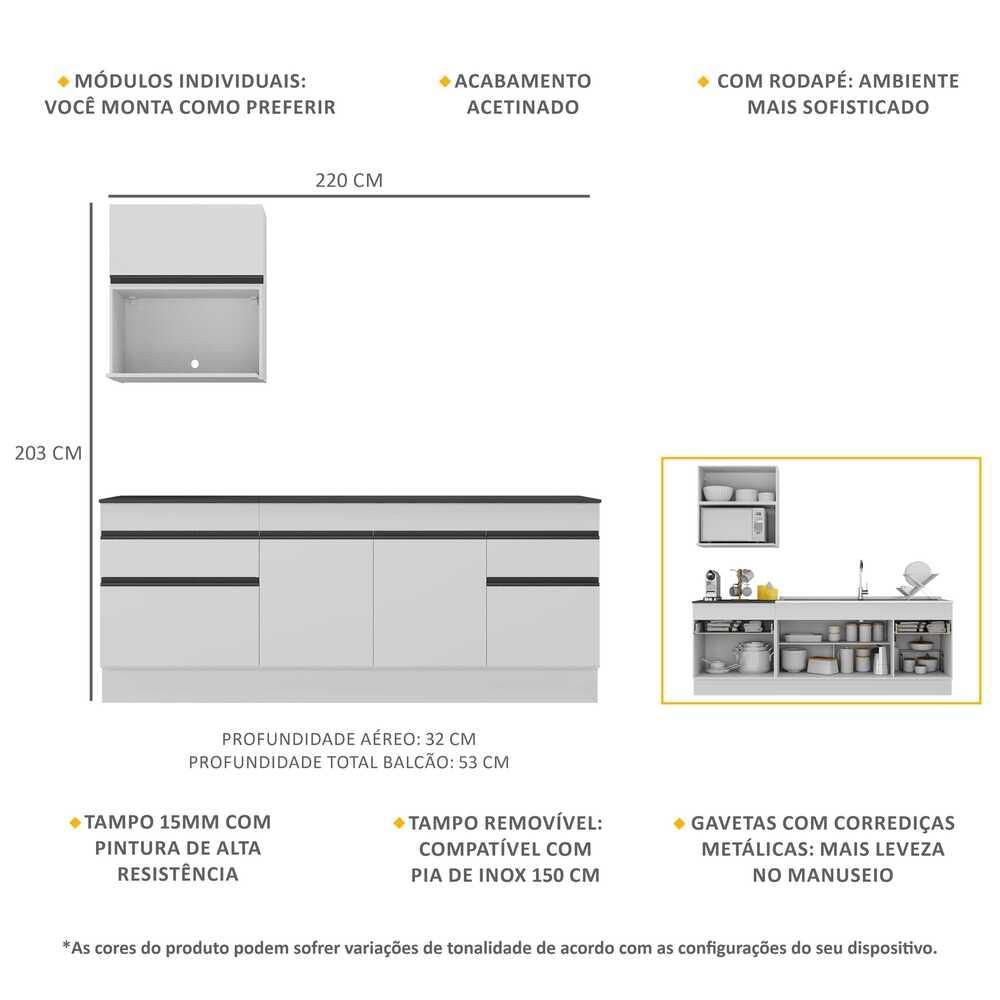 Armário de Cozinha Compacta 220cm com Rodapé Veneza Multimóveis V2110 BRANCO E PRETO