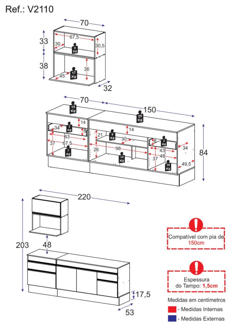 Armário de Cozinha Compacta 220cm com Rodapé Veneza Multimóveis V2110 BRANCO E PRETO