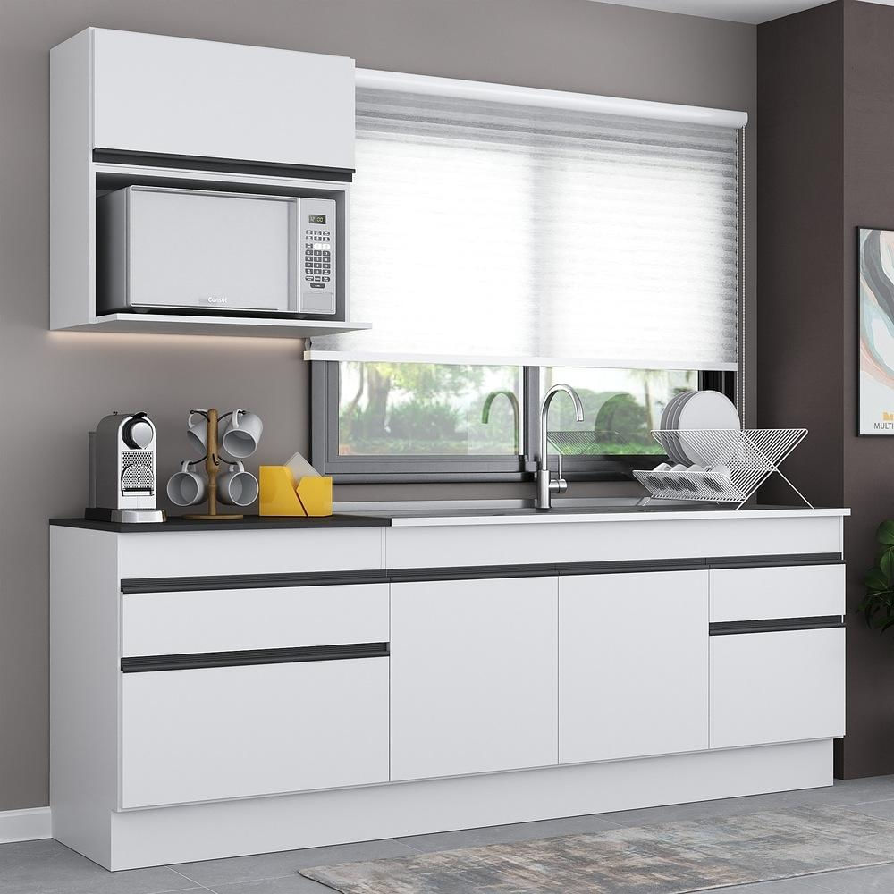 Armário de Cozinha Compacta 220cm com Rodapé Veneza Multimóveis V2110 BRANCO E PRETO