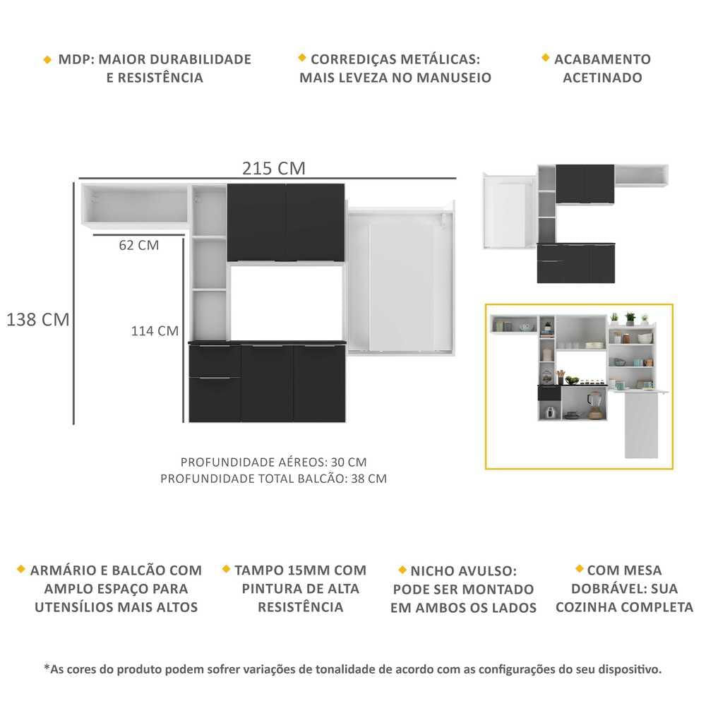 Armário de Cozinha Compacta com Mesa Dobrável Sofia Multimóveis V2009 BRANCO E PRETO