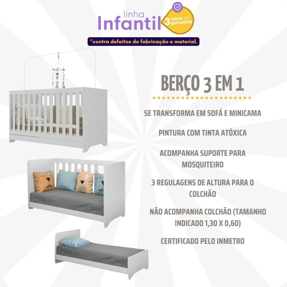 Berço 3 em 1 para Colchão 60x130cm Pipoca Multimóveis BB0527 Branco