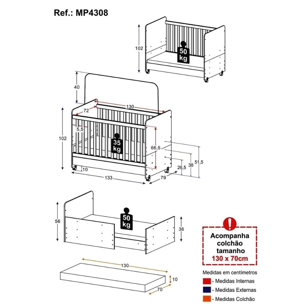 Berço Americano 3x1 com Colchão Incluso e Rodízios Pimpolho Multimóveis MP4308 Branco